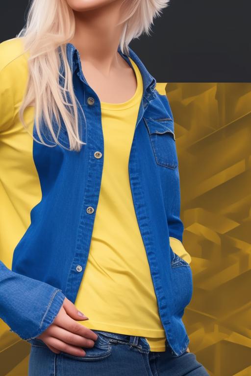 Een meisje met blond haar, blauwe ogen, haar in een staart, geel t-shirt en in een kort spijkerbroekje